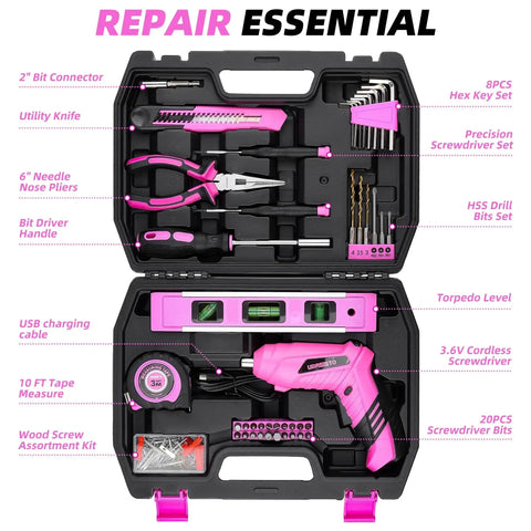 Lightweight Pink Cordless USB Electric Screwdriver Kit With 3.6V Drill Driver, 123-piece tool set displayed in case