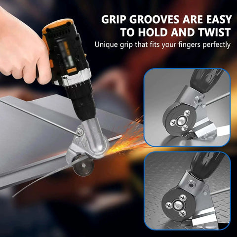 Electric Drill Plate Cutter Attachment For Metal Cutting in use, showing grip grooves and cutting blade on metal sheet.
