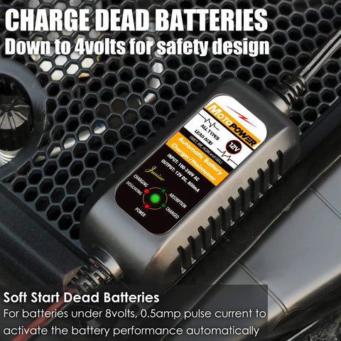 All Weather 12V Battery Charger Maintainer And Desulfator With Automatic Trickle Charge For Cars Boats And Powersports 800mA Lead Acid AGM Gel Cell Ready By MOTOPOWER MP00205A close-up view showing controls and safety design features.