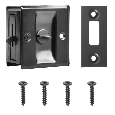 Pocket Sliding Door Lock With Privacy Pull Reversible Design For Sliding And Bifold Doors Easy Grip Handle Compatible With Most Doors Fits One And Three Eighth Inch Thick Doors Durable Easy Installation With Included Screws For Quick Replacement shown with screws and plate