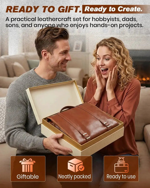 Couple unboxing a custom handbag from the Leather Working Tools Kit Max Version With Custom Handbag Cutting Mats Engraving Punching Sewing Stamping Sanding Tools For Handicraft Work And Repair Portable Leather Workshop