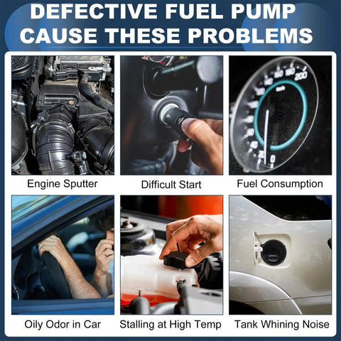 Signs of a defective fuel pump including engine sputter, difficult start, high fuel consumption, and stalling in GM vehicles.