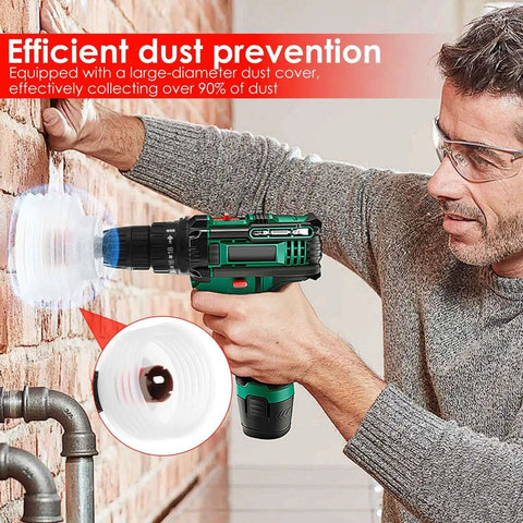 Man using Pro Grade Seventeen-Piece Diamond Hole Saw Set For Ceramic Glass Tile Marble And Granite with Dust Guard