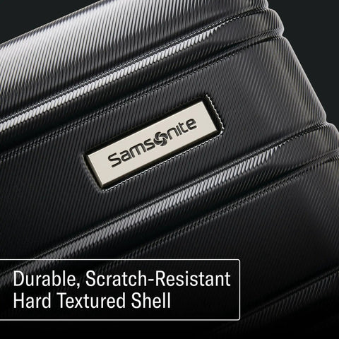 Close-up of the Omni 2 Hardside Expandable Travel Luggage Set's durable, scratch-resistant hard shell showing Samsonite logo.