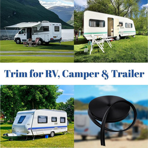 RV Vinyl Trim Molding Insert 1 Inch Exterior Weather Stripping For Camper shown near various RVs and camper trailers