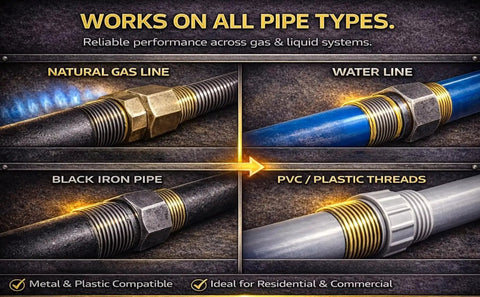 Chart showing compatibility of Leak Proof High Viscosity Pipe Dope That Seals Threads For All Piping Types with various pipe materials.