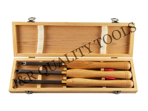Open wooden box displaying Carbide Wood Lathe Turning Chisel Set Three Piece With Replaceable Tips For Beginners And Pros Ergonomic Handle.