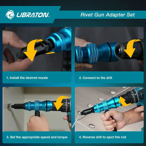 Four-step use of Drill To Rivet Gun Adapter For Electric Drill Turn Your Drill Into A Pop Riveter With A Grip And Vertical Handle
