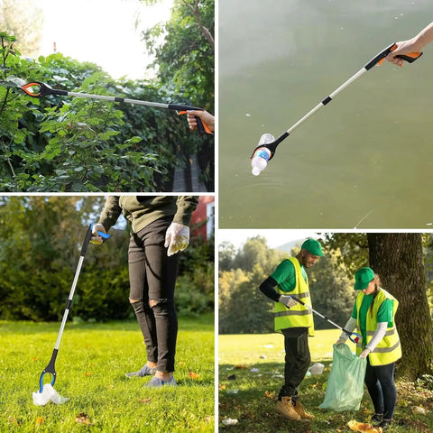 32 Inch Foldable Grabber Reacher Tool 2 Pack With 360 Degree Rotating Jaw And Magnet, used outdoors for picking items.