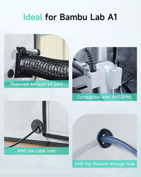 Reserved exhaust port and AMS compatibility on Large Size 3D Printer Enclosure For Bambu Lab A1 With LED Light And Quiet Design, Fireproof Waterproof Dustproof, Noise Reduction, Constant Temperature Climate Control, Enhanced Print Quality, 580x670x670mm.