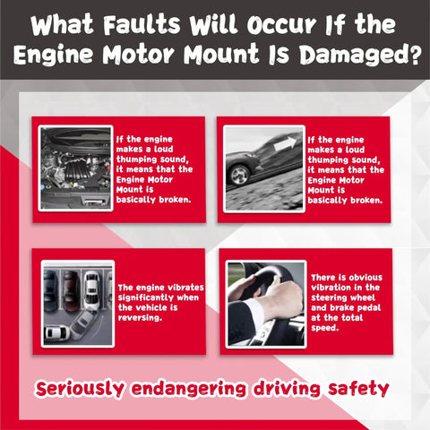 Infographic showing symptoms of a damaged engine motor mount, including noise, vibration, and steering issues.
