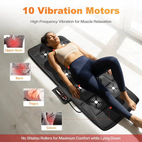 Woman using Full Body Massage Mat With Heat And Vibration 10 Motor Back Massage Pad For Bed Chair Sofa Mattress Pad for relaxation