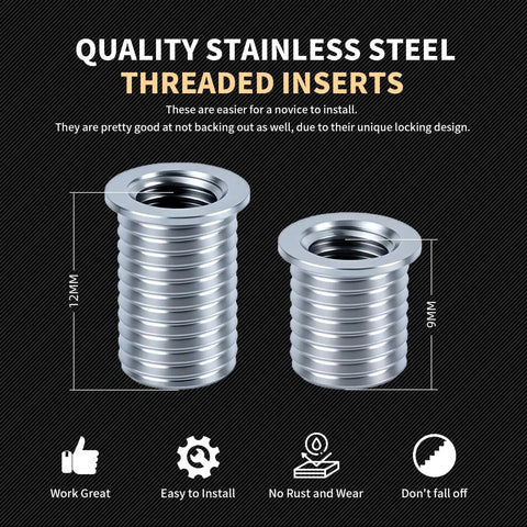 Metric M6X1.0 Thread Repair Kit With Stainless Steel Inserts, shown are two sizes 9.4mm and 12mm, for heavy duty internal repair