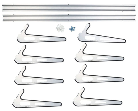 Components of Heavy Duty Board Sports Wall Mount Storage Rack for surfboards, wakeboards, snowboards, skis, efoils with hardware included.