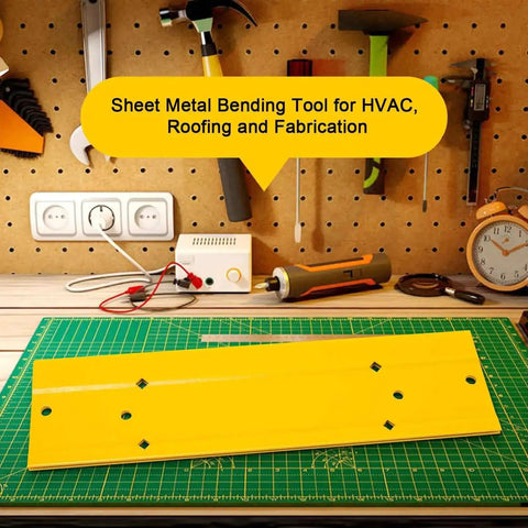 Yellow 12 Inch Sheet Metal Bending Tool for HVAC ductwork, roofing projects; highlighted on a workbench, surrounded by tools.