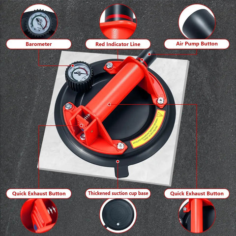 Front view of a heavy-duty suction cup with barometer and red indicator line for lifting glass granite marble.