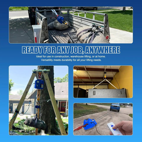 Electric Hoist Winch 1540 Lb Capacity With 1500W Power, 3 In 1 Manual Wired And Wireless Remote Control in use outdoors