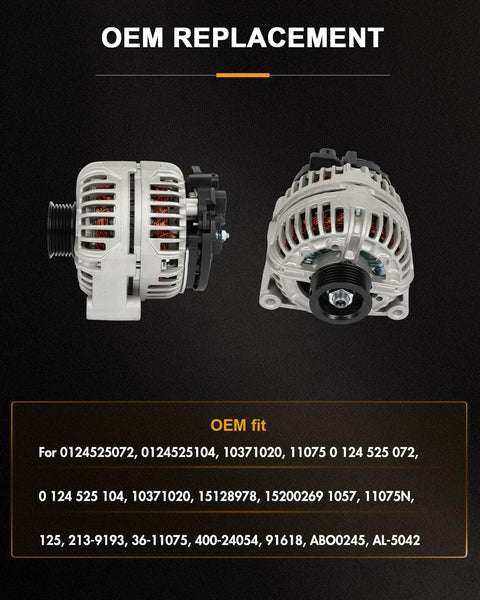Side and front view of Alternator Replacement For GMC Sierra 1500 HD 2005-2006, Sierra 2500 HD 2005-2007, Sierra 3500 2005-2006, Yukon And Yukon XL 2005-2006, OE 11075, Premium Auto Electrical Part That Fits Like OEM