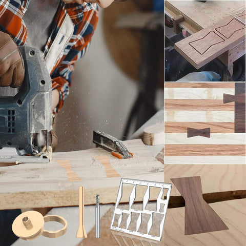 All In One 7 By 7 Inch Router Templates Set With Ten In One Bowtie Inlay And Butterfly Templates For Woodworking showing kit components and usage