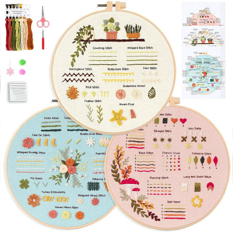 Beginner Embroidery And Cross Stitch Kit For Adults 3 Pack With Pre Printed Patterns Colorful Threads Needles 7.8 Inch Hoop