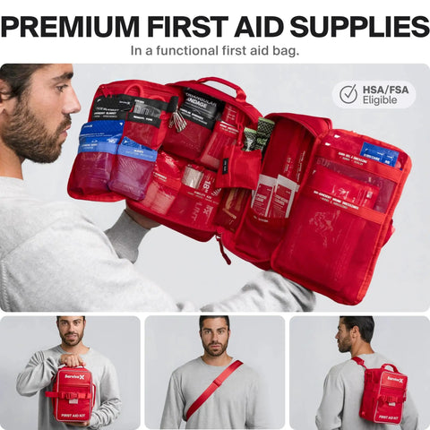 Man holding open Large Pro First Aid Kit For Car Travel And Home, showing zip-stitch wound closures and organized compartments.