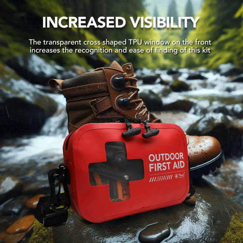 Waterproof 152 Piece First Aid Kit in red dry bag at river, showcasing cross-shaped TPU window for visibility.