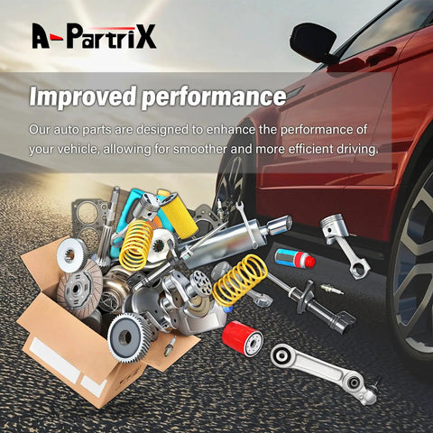 Car parts spilling from a box beside a vehicle, illustrating improved performance with A-Partrix auto parts.