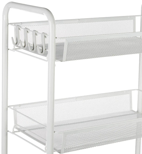 4 Tier Rolling Utility Storage Cart On Wheels In White Carbon Steel With Epoxy Coated Finish, side view of shelves and hooks