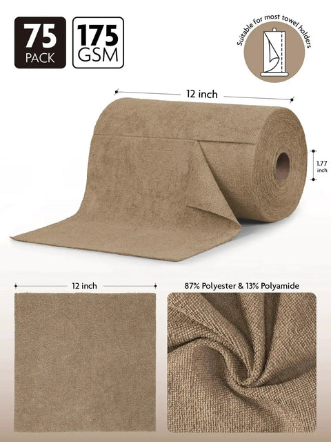Tear-Away Microfiber Cleaning Cloth Roll 12-Inch Reusable 75 Pack showing roll dimensions and cloth texture