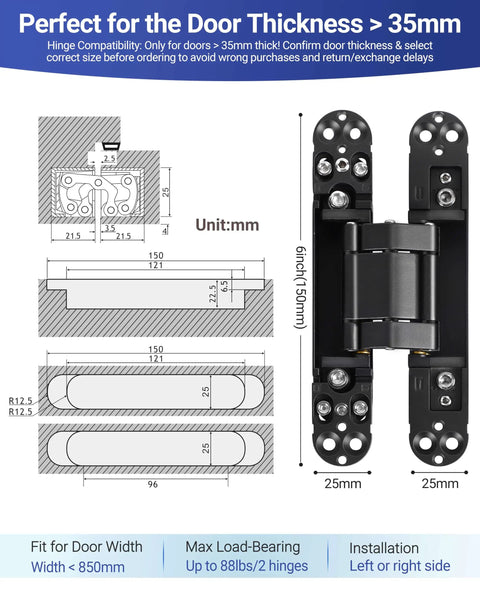 Diagram of 6 Inch Invisible Door Hinges For Doors 3D Adjustable 180 Degree Swing Heavy Duty Concealed Zinc Alloy 88 Lbs Load Capacity Per Pair Sleek Matte Black Finish 2 Pack By Polar Tangro