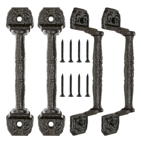 Sliding Barn Door Handles Set Of 4 In Dark Brown Cast Iron With Vintage Rustic Finish, hardware screws included.