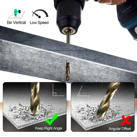 Heavy Duty Pro Grade Cobalt Drill Bit Set For Hardened Metal And Stainless Steel With 99 Pc M35 High Speed Steel Twist Jobber Bits One Sixteenth Inch To Three Eighths Inch In A Durable Plastic Index Case By Sinyeenglon demonstrating drilling angles for metalwork