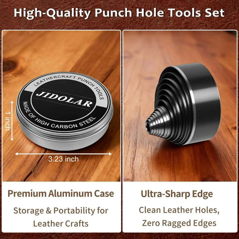 Pro Grade Leather Circle Cutter Tool Set 34-Piece Circle Punch Kit with aluminum case and high carbon steel cutter for leathercrafts.