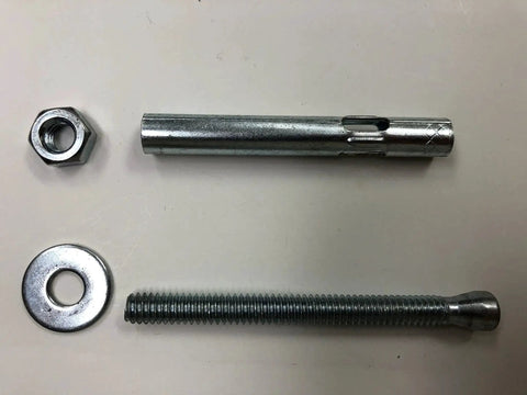 Components of Concrete Sleeve Anchors With Nuts And Washers, Zinc Plated Steel Hex Head, 5/16 Inch By 2.5 Inch, 4 Pack