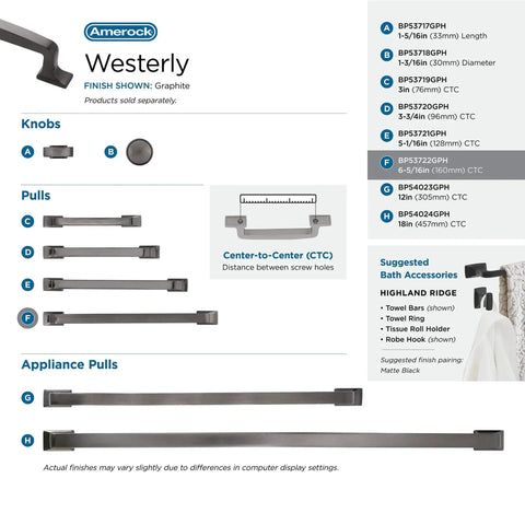 Westerly Graphite Cabinet Pull 6-5/16 Inch Center-To-Center, 7-9/16 Inch Overall Length, shown among other hardware varieties.