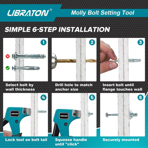 Molly Bolts For Drywall And Plaster Walls Set Includes 30 Heavy Duty Hollow Wall Anchors with Setting Tool and Installation Guide