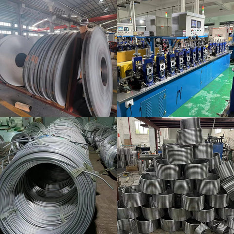 Stainless steel tubing coil, 3/16 in x 25 ft, 304 welded tubing; large metal coils and industrial plant equipment.
