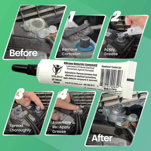 Silicone Dielectric Grease 10g for Automotive and Marine Electrical Connections application process with before and after views.