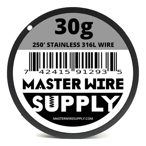 Label of 30g 250' 316L Stainless Steel Wire for jewelry and craft projects, with bar code and brand information.