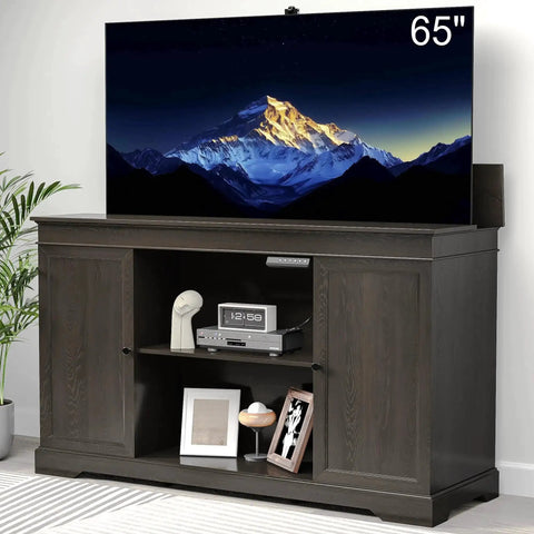 Hidden Motorized TV Lift Cabinet For 55 To 65 Inch Televisions With Storage And Remote Control In A Slick Modern Walnut Finish