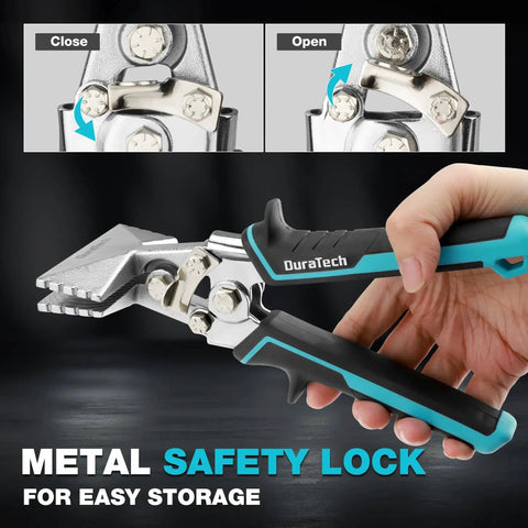 Close-up of Rugged Pro Grade 3 Inch Sheet Metal Bender With Ergonomic TPR Handle, showing safety lock feature in use.