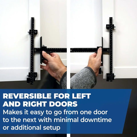 Hands using Cabinet Hardware Jig Pro For Easy Knob And Pull Installations, Adjustable Drill Guides, Reversible Design on doors.