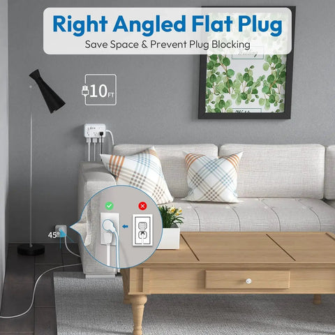 Flat Plug Power Strip With 10 Ft Cord, 6 Outlets And 4 USB Ports, Overload Protected Extension Cord shown in a living room setup