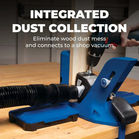 Pocket-Hole Jig 720PRO with clamping system, integrated dust collection setup, and screw drill guide on a wooden surface.