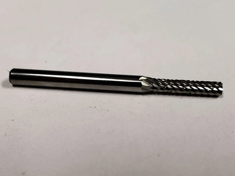 Three Thirty Second Inch SA42 Cylinder Bur Double Cut Solid Carbide for precision stock removal on metals, side view