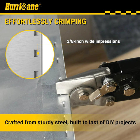 Close-up of Ready to Use Three Eighths Inch Impression Crimping Tool by Hurricane making 3/8-inch impressions on sheet metal.