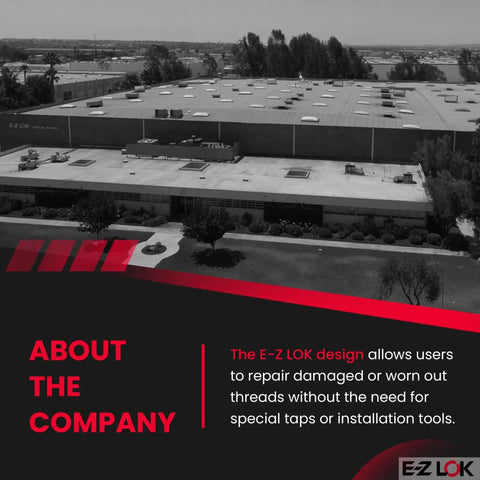 Aerial view of E-Z Lok company's industrial building, highlighting their thread repair solutions for damaged threads.