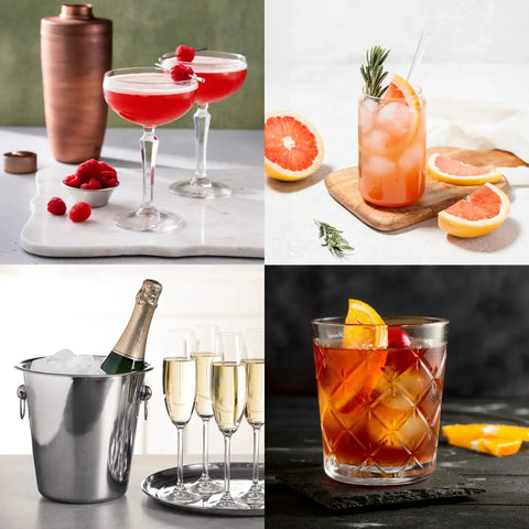 Assortment of cocktails and champagne with ice bucket, including a grapefruit cocktail, raspberry cocktail, and orange-garnished drink.