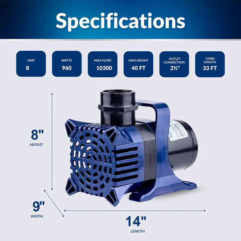 Blue submersible pond pump with top outlet and carrying handle; 14 in L x 9 in W x 8 in H, for ponds, fountains, and water features.