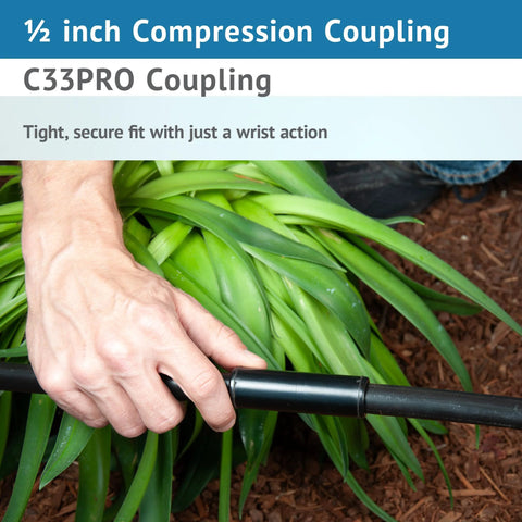 1/2 in compression coupling for poly drip irrigation tubing, black plastic being installed on tubing.